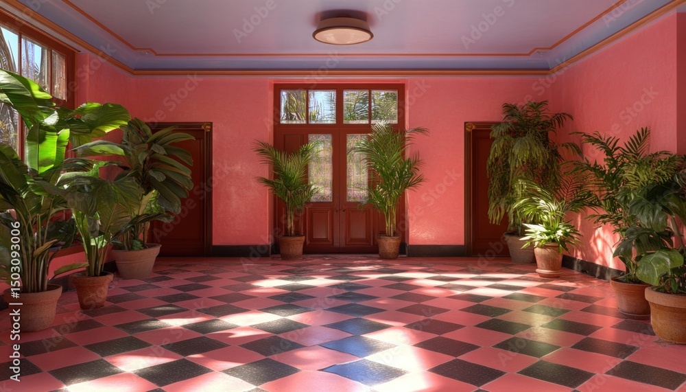 Fototapeta premium Interior space with patterned floor and potted green plants architecture home decor