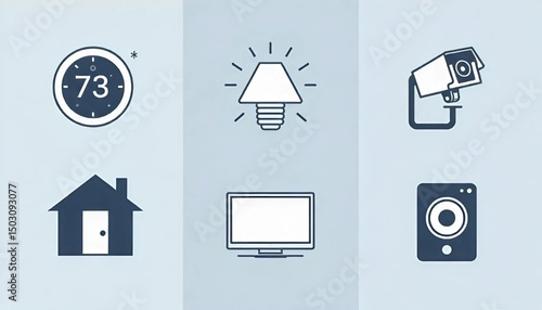 Minimalist icon set for smart home technology: thermostat, lights, camera, speaker
