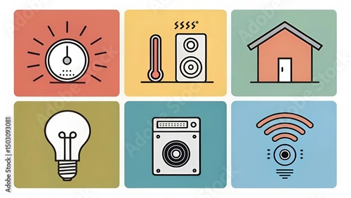 Minimalist icon set for smart home technology: thermostat, lights, camera, speaker