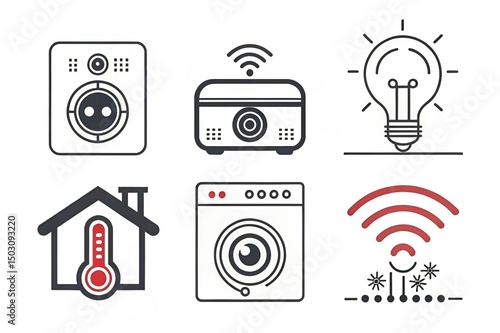 Minimalist icon set for smart home technology: thermostat, lights, camera, speaker