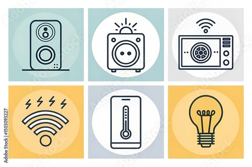 Minimalist icon set for smart home technology: thermostat, lights, camera, speaker