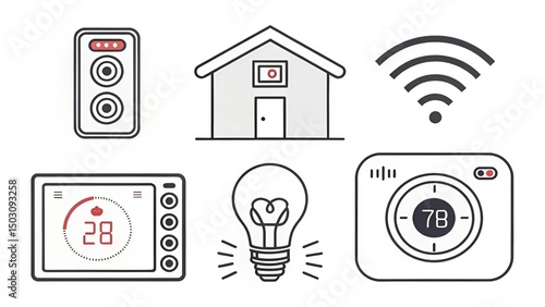 Minimalist icon set for smart home technology: thermostat, lights, camera, speaker