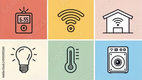 Minimalist icon set for smart home technology: thermostat, lights, camera, speaker