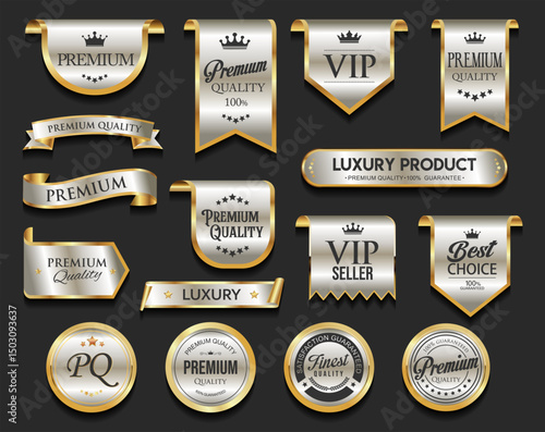 Golden luxury labels and badges gold premium quality certificate ribbons vector illustration 