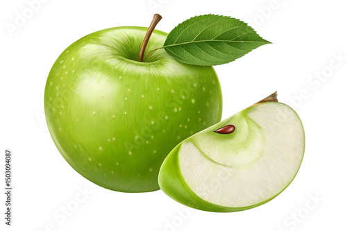 Fresh Green Apple with Slice on Transparent Background