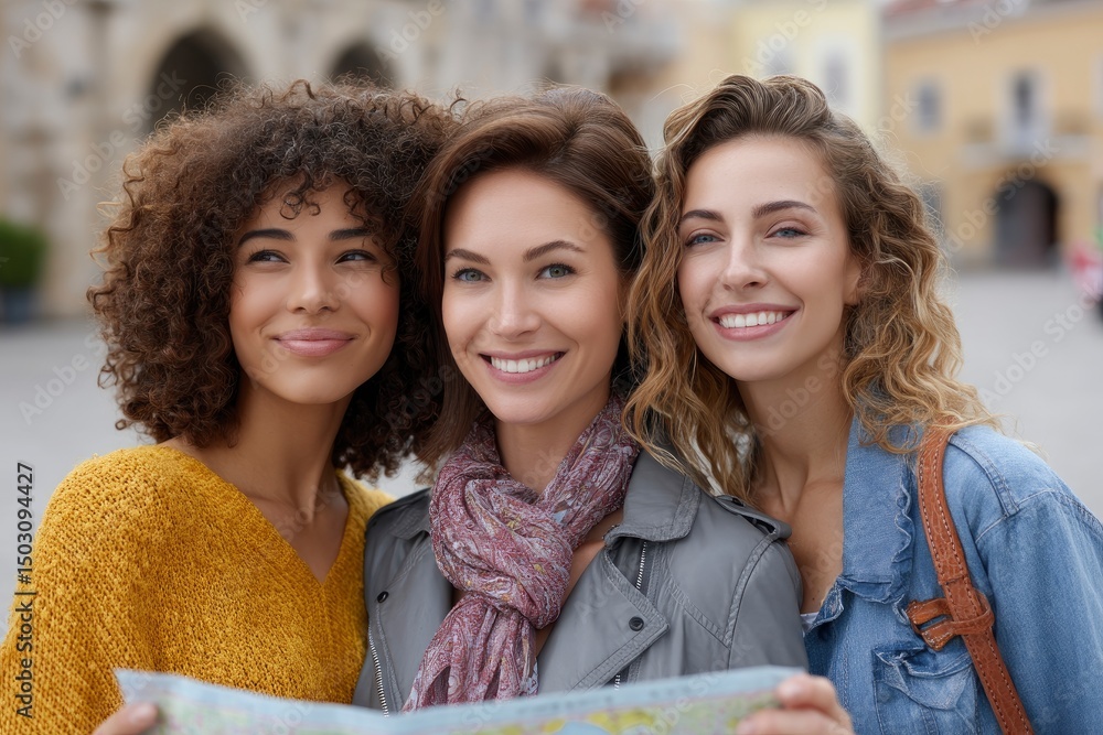 Obraz premium Three Smiling Women Exploring City Streets with Map: Joyful Urban Adventure