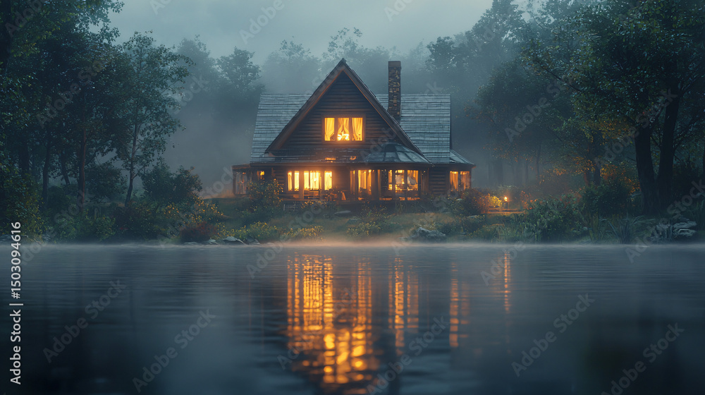 Fototapeta premium Cozy Cabin by the Lake at Dusk with Reflections and Misty Surroundings