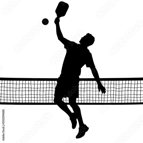 Pickleball player silhouette over net – black-and-white sports graphic