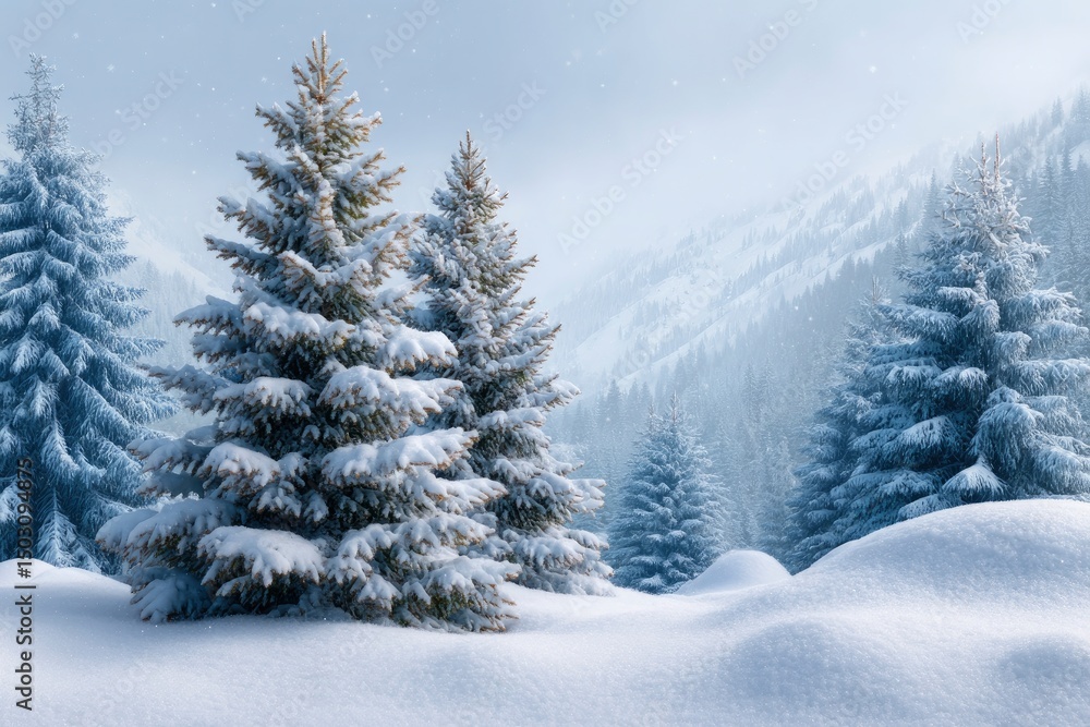 Naklejka premium Snow-Covered Pines in Serene Winter Landscape: A Peaceful Scene