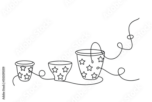 Continuous line drawing of three cups decorated with stars against a white background
