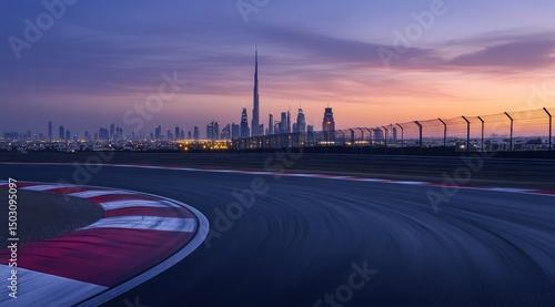 Dubai cityscape at sunrise with racing track