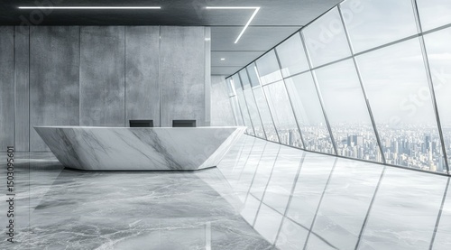 Modern minimalist lobby with marble desk and city view