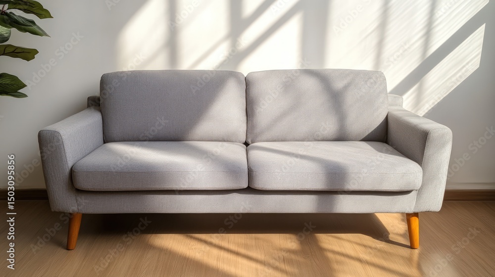 Fototapeta premium Minimalist gray sofa in sunlight interior modern furniture design