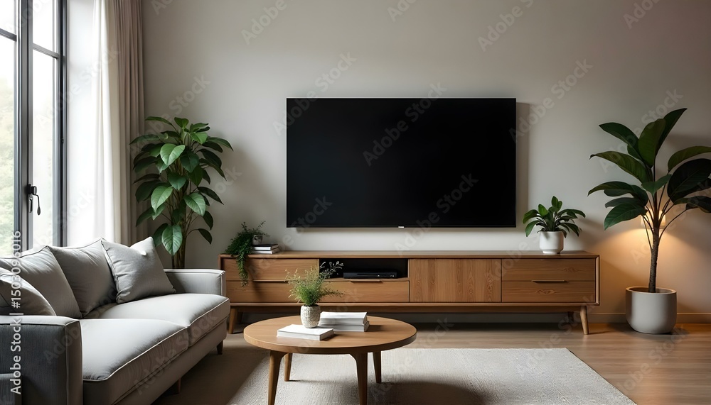 Living room with a large television on a wooden cabinet , a gray sofa, a round table with books and plants, and warm lighting Living room with a large television on a wooden cabinet , a gray sofa, a round table with books and plants, and warm lighting