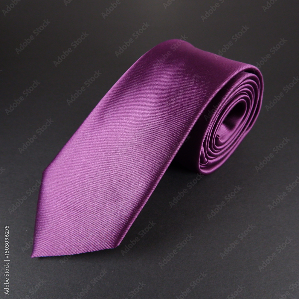 A purple color tie rolled on black background closeup view A purple color tie rolled on black background closeup view