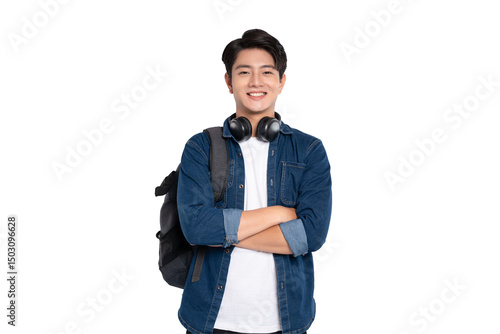 Portrait of Asian male student wearing backpack and headphones posing on PNG background	