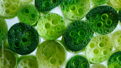 Close-up of green circular algae with bubbles and cellular structure.