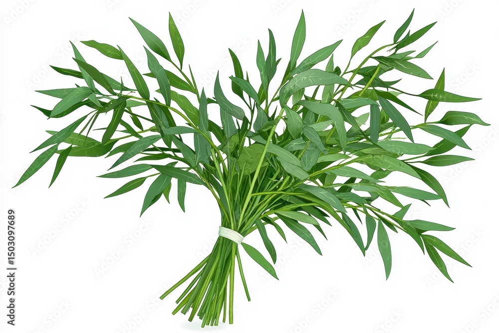 Fototapeta premium Fresh Green Water Spinach Bundle Tied with White String on a Clean Background