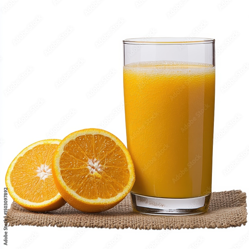 Fresh Orange Juice in Glass with Slices on Burlap Fresh Orange Juice in Glass with Slices on Burlap