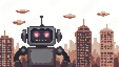 Pixel robot assistant holding a tablet, in a futuristic city background