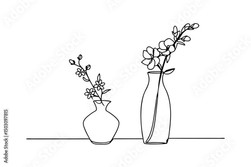 Minimalist line art of two vases with blooming flowers against a plain white background