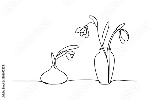 Minimalist continuous line drawing depicting snowdrop flowers in elegant decorative vases