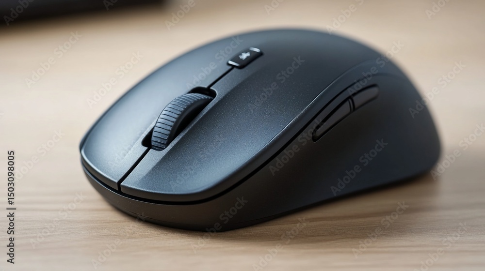 Sleek Black Wireless Computer Mouse on Wooden Desk Sleek Black Wireless Computer Mouse on Wooden Desk