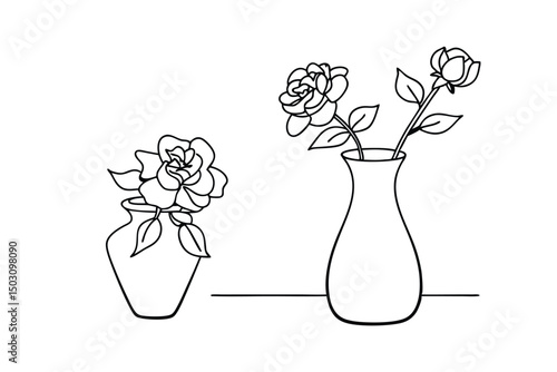 Elegant line art illustration of roses in vases for decoration and artistic designs