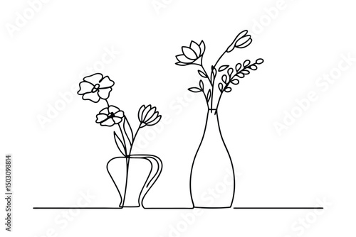 Minimalist one line art illustration of two vases with blooming flowers on a shelf