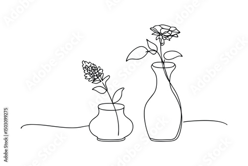 Elegant line art depiction of two flowers in vases against a pristine white backdrop