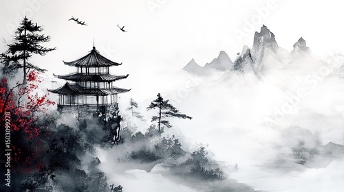 A Japanese ink wash with minimalist watercolor aesthetics.