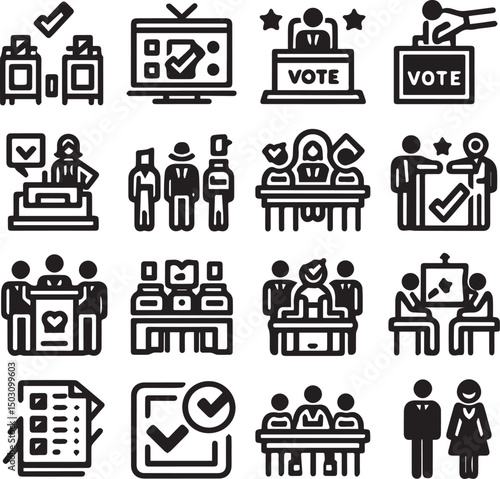 Voting, election line icon set black. Vector pictograms of democratic processes, civic participation, ballot boxes, candidates, debates, voter engagement, checkmark thin linear illustration.