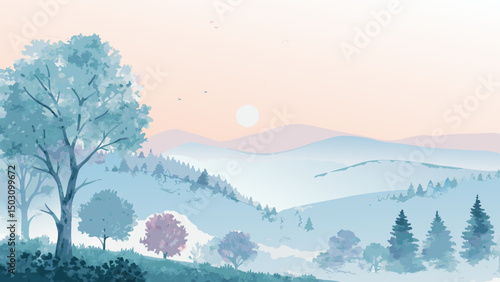  Delicate Watercolor Sunrise Background in Soft Pink & Blue – Symbolizing New Beginnings & Morning Skincare Rituals (with Copy Space) 