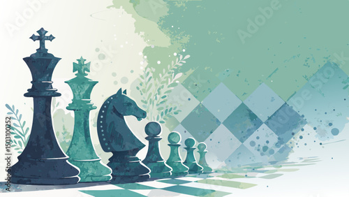  Abstract watercolor chess strategy background in blue and green, showcasing tactical moves with modern intellectual appeal and copy space  