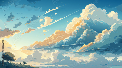 Dreamy watercolor sky background with fluffy clouds and golden sunlight, capturing a perfect summer day with copy space  