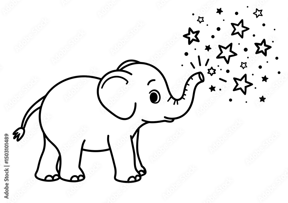 Obraz premium Elephant blowing stars in a playful coloring page design 