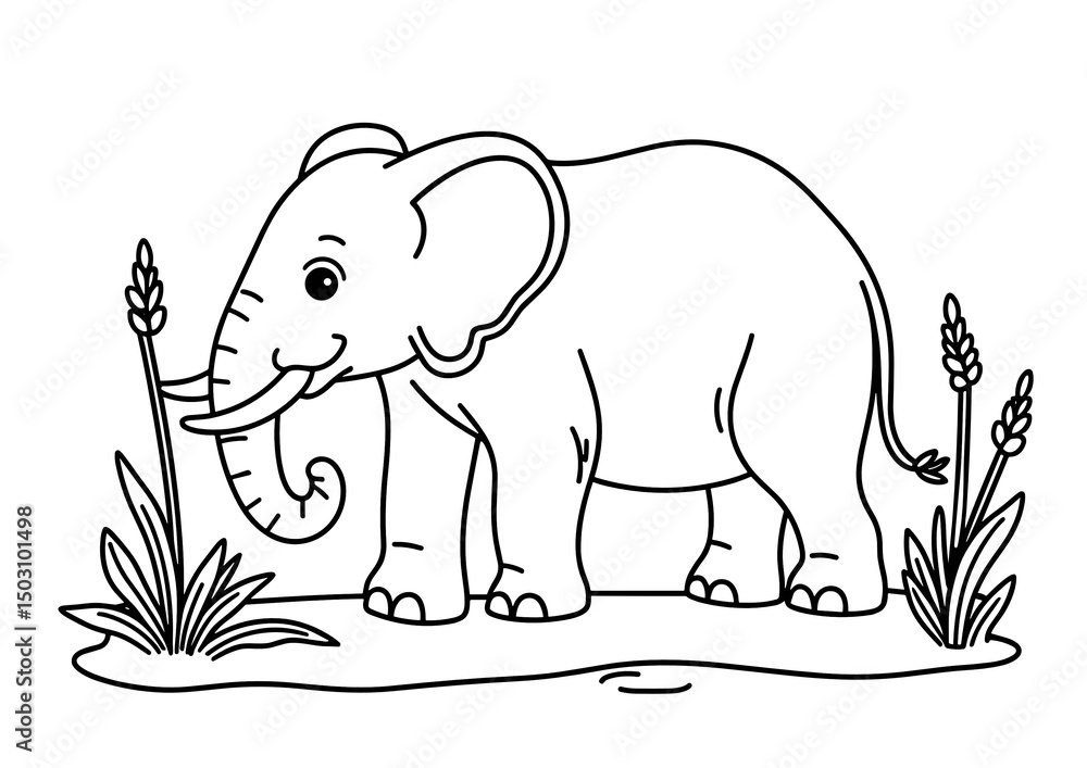Fototapeta premium Elephant standing among grass in a conceptual coloring page