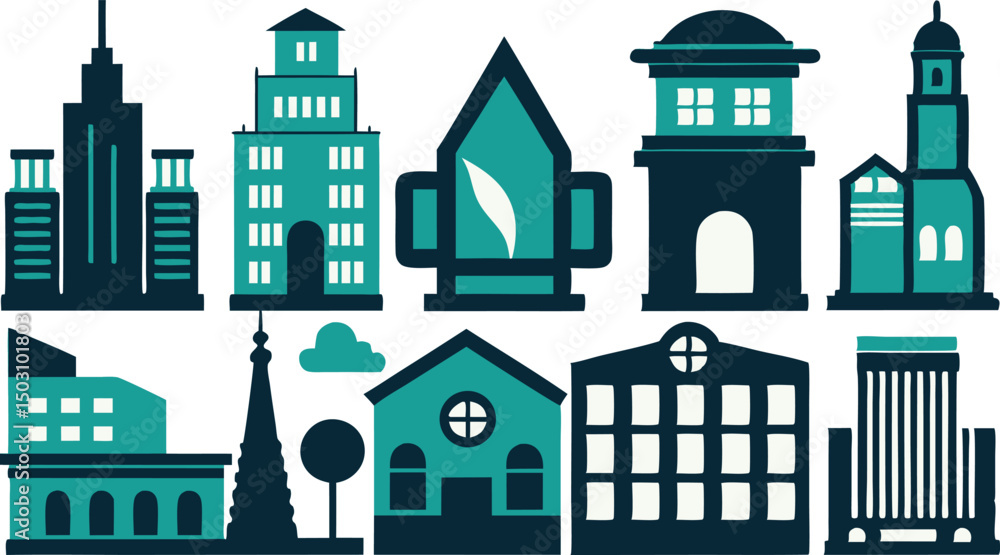 Fototapeta premium Modern City Building Icons Vector Graphics