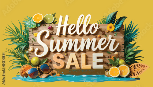 Decorative summer sale layout with eye-catching text surrounded by exotic plants and beach themed elements for seasonal discount promotions