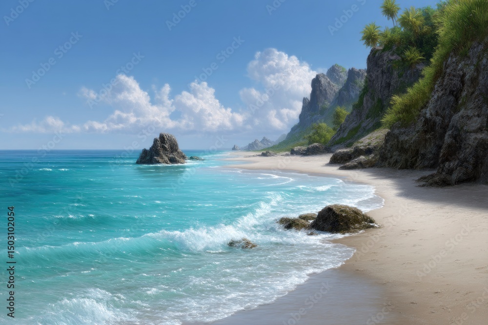 Fototapeta premium Serene Coastal Cliffs: A Tropical Beachscape Painting