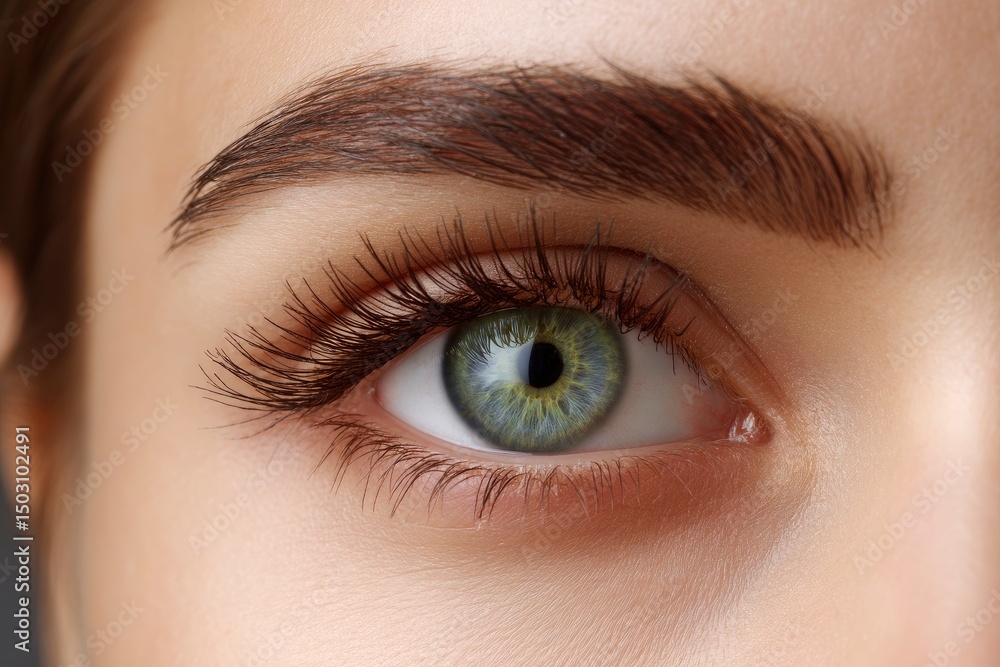 Obraz premium Stunning Green Eye Close-Up: Luminous Gaze, Defined Brows, Lush Lashes