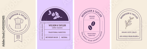 Vintage coffee label set with linear illustrations. Vector retro packaging design.