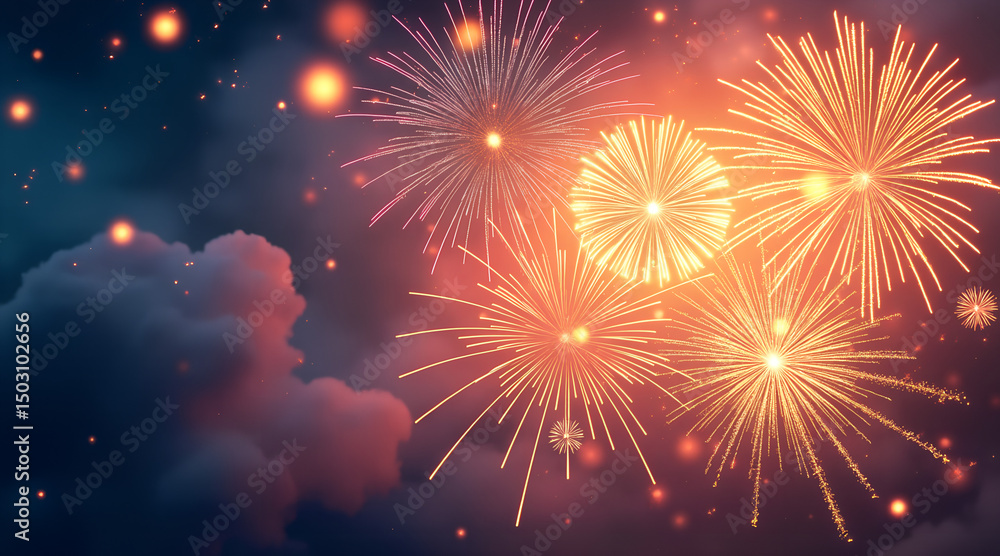 Fototapeta premium festive banner background with fireworks and clouds, celebrating Islamic New Year with copy space 