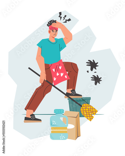 Woman feeling exhausted and frustrated by endless housework chores. Busy housewife. Household chores and reducing fatigue as a housewife. Housekeeping duties and balanced routine concept, vector.