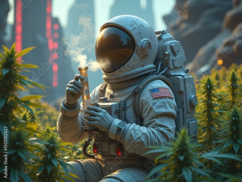 Astronaut in Futuristic Landscape Holding Flask Among Cannabis Plants