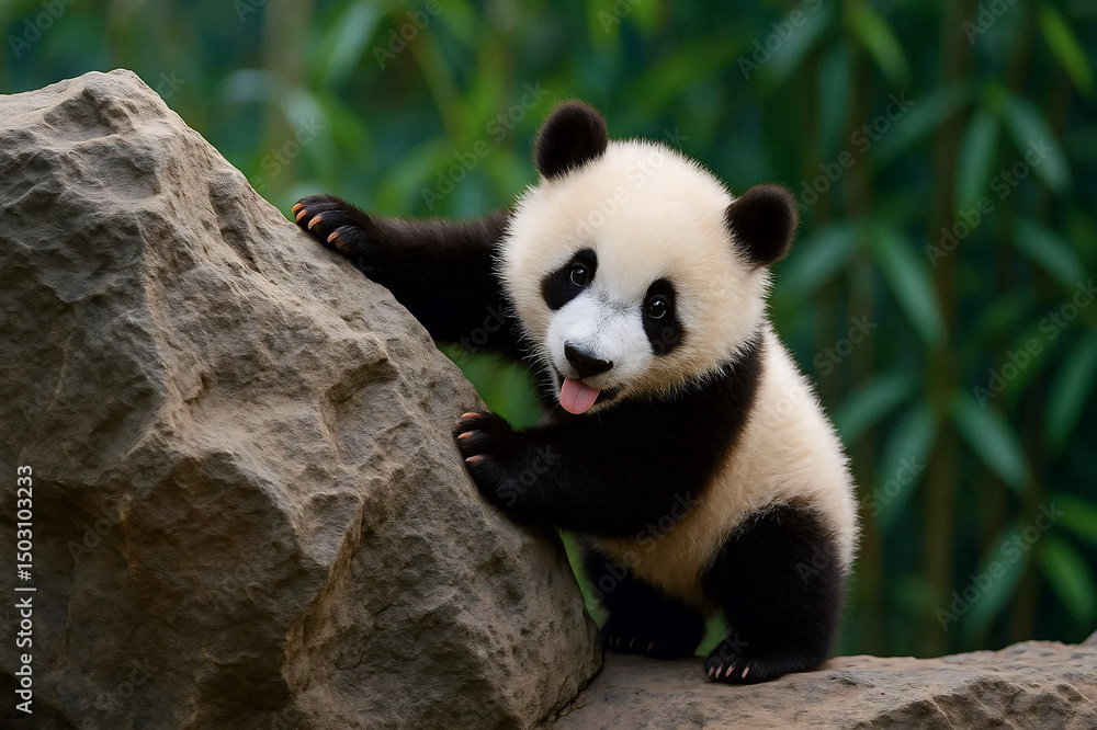 Obraz premium Young panda climbing tree, playful and curious expression.