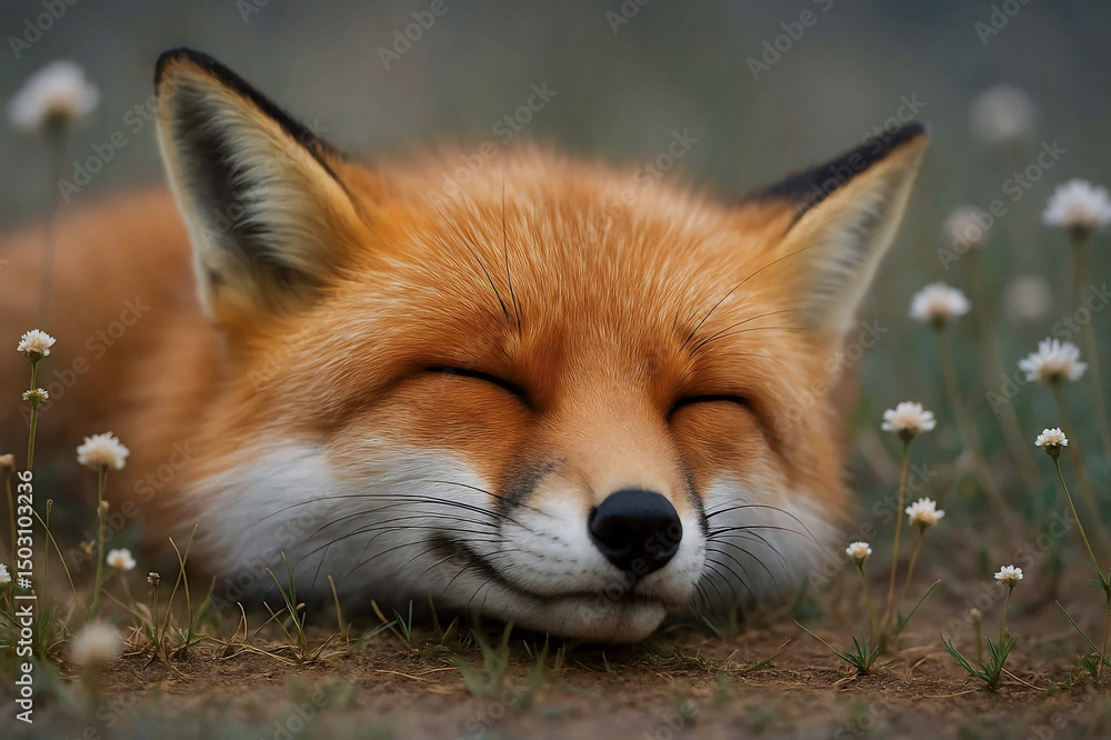 Fototapeta premium Red fox sleeping peacefully, eyes shut in daylight.