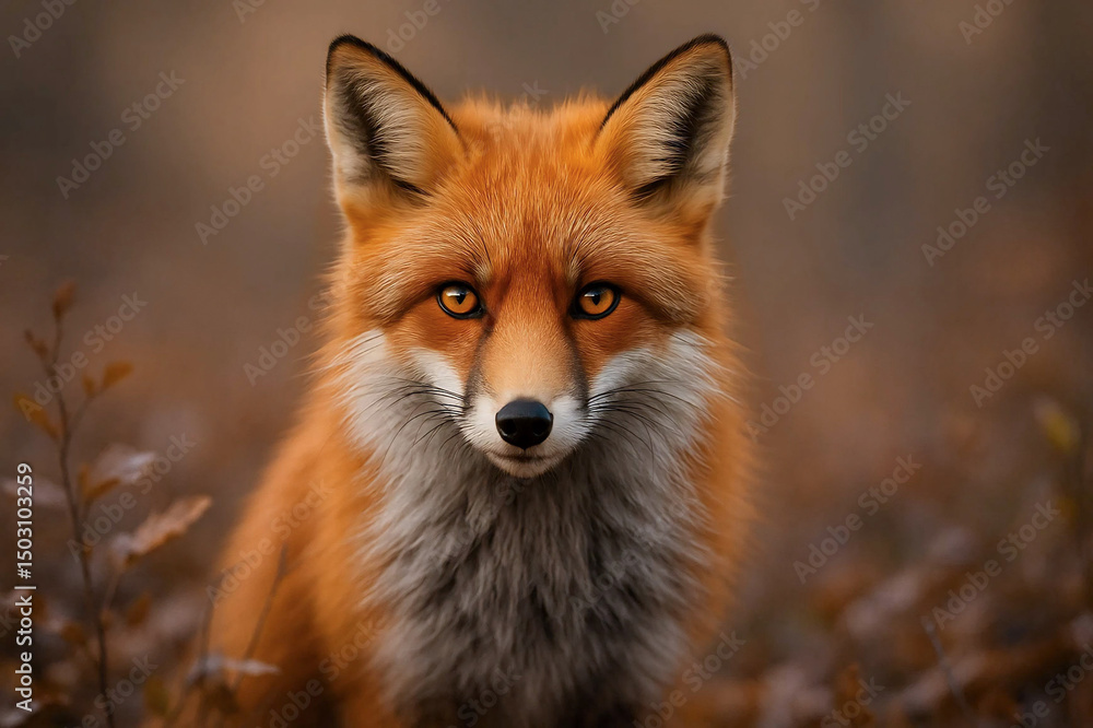 Fototapeta premium Close-up of red fox staring at camera, warm natural tones.