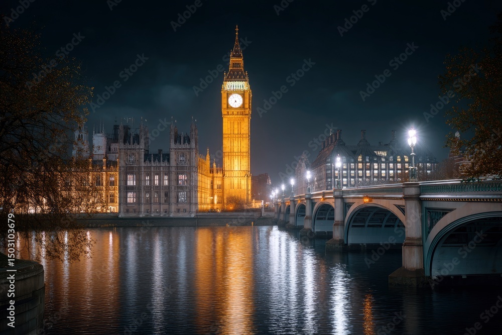 Naklejka premium Nighttime London: Illuminated Big Ben, Parliament, and Bridge