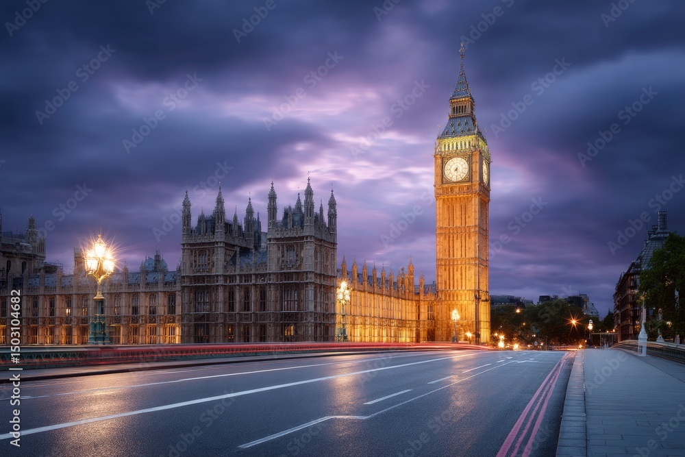 Obraz premium Majestic London: Big Ben and Parliament at Dusk, Serene Evening Glow